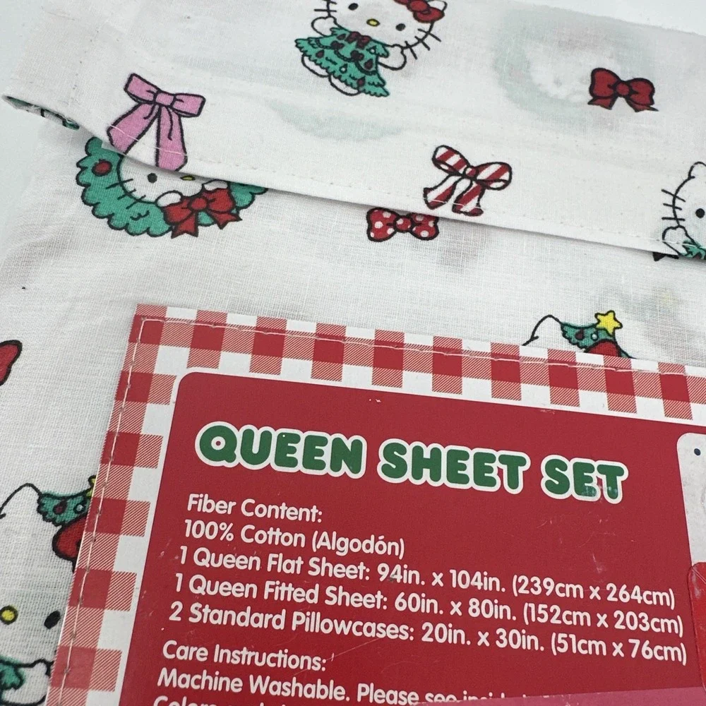 Sanrio Hello Kitty And Friends Queen Size Sheet Set‎ Christmas Wreaths NEW